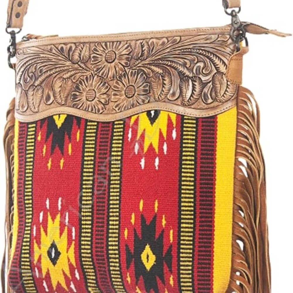 American Darling Southwestern Red Yellow Multi Crossbody Bag with Tan Leather - Picture 6 of 11